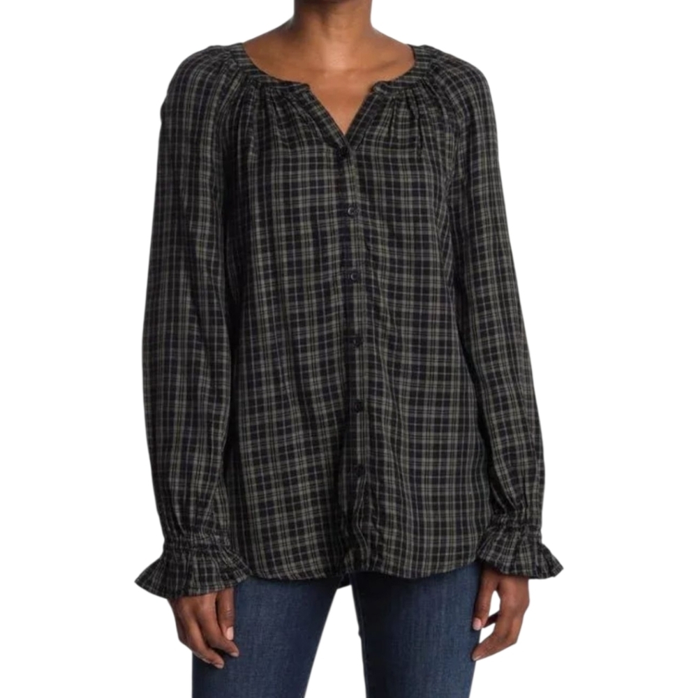 Beachlunchlounge Plaid‎ Peasant Blouse Ruffle Cuff Boho Tunic Top S Academia